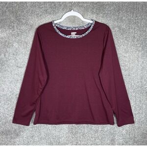 Lands End Pajama Top Shirt Womens Size Large Burgundy Blue Stretch Long Sleeve
